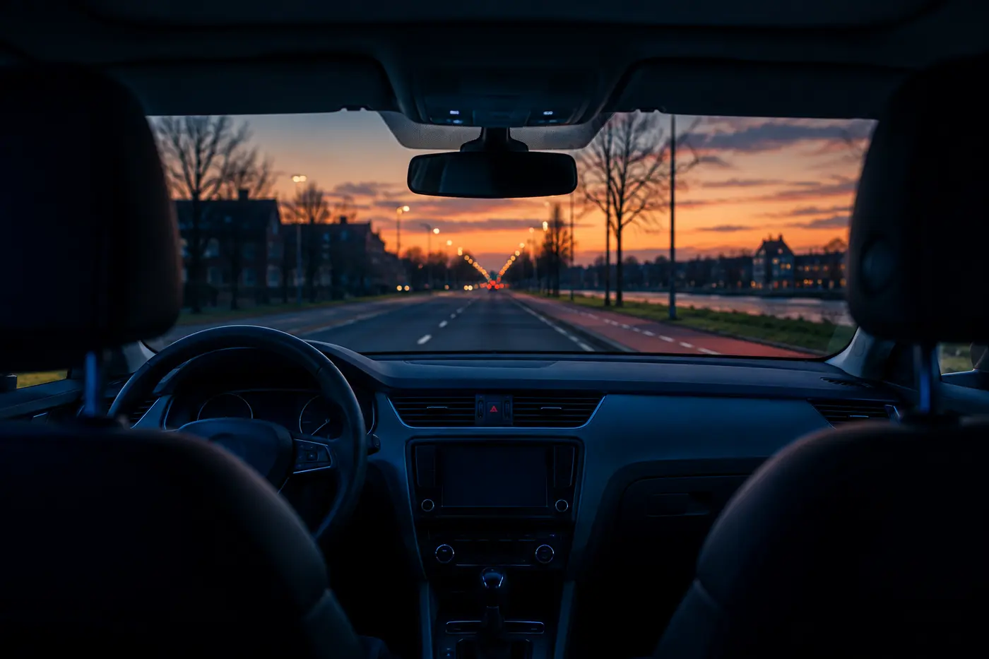 Uitzicht vanuit een auto op een Nederlandse weg bij zonsondergang